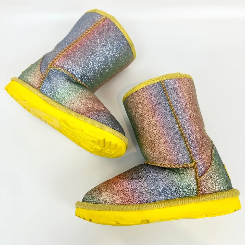 UGG Classic Glitter II Rainbow Yellow Trim Lined Toddler Girls Boots Size 10